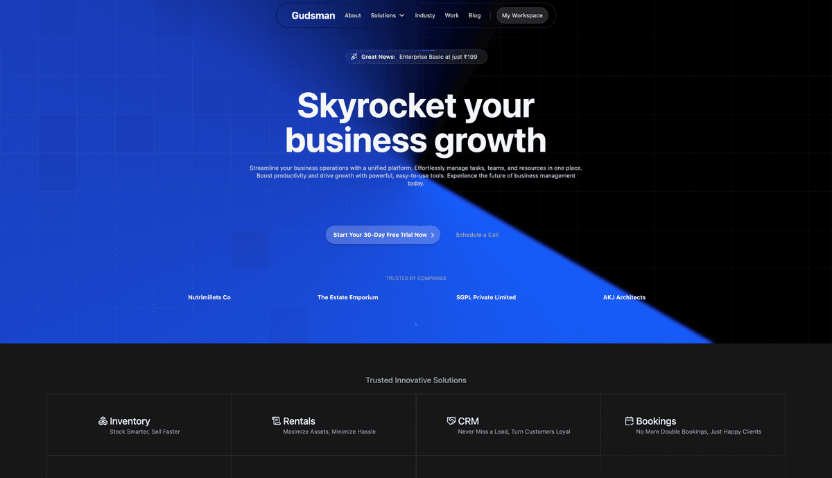 Hero section of Gudsman's landing page